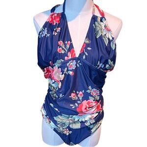 Eomenie Blue Floral One Piece Swimsuit Ruched Tummy Control Plus Size XL